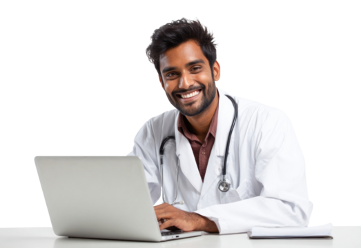 PNG Young Indian man doctor with a laptop professional smiling white.