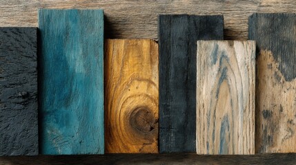 Fototapeta premium Five Painted Wooden Planks on Wooden Surface