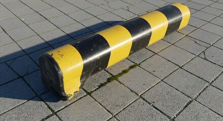 A toppled street bollard lying across pavement tile