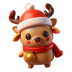 Cute cartoon reindeer wearing a santa hat and scarf isolated on transparent background