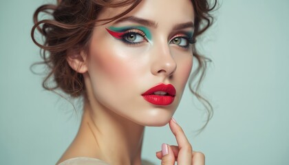 Fototapeta premium Beautiful woman with creative makeup design, red lips, green eyeshadow. Face portrait, expressive eyes, bold cosmetic style. Fashion, beauty, glamour concept, artistic studio shot.