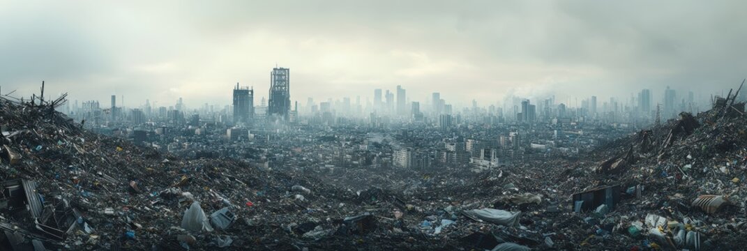 Dystopian city landscape filled with debris and desolation under a cloudy sky