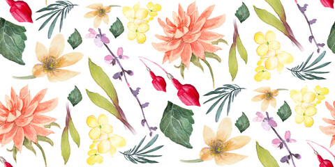 Elegant floral pattern with watercolor botanical illustration and soft pastel colors