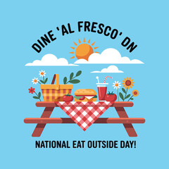 National eat outside day picnic illustration with food basket and summer al fresco dining concept image
