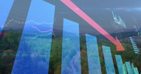 Analytics overlay animating on forest bars shifting, gauges updating, arrow showing downward trend - Powered by Adobe