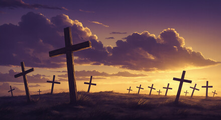 Obraz premium Wooden crosses in field during dramatic sunset with clouds illustration