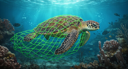 Fototapeta premium Sea turtle entangled in green net underwater with coral reef in the background – illustration