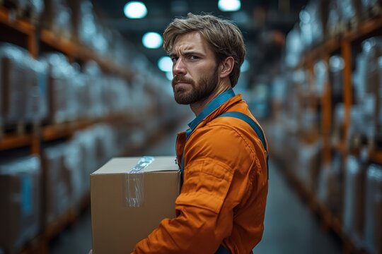 Factory worker experiences back pain after lifting heavy box during shift in warehouse