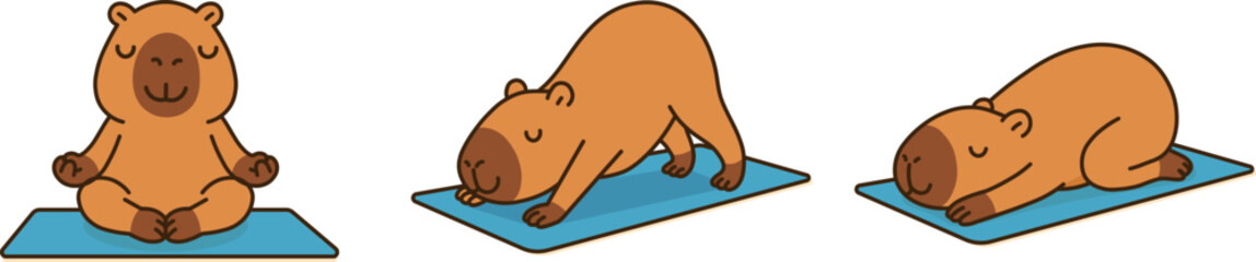 Adorable cartoon capybara performing different yoga poses on a mat. Vector illustration perfect for kids yoga, mindfulness designs, and animal wellness content.
