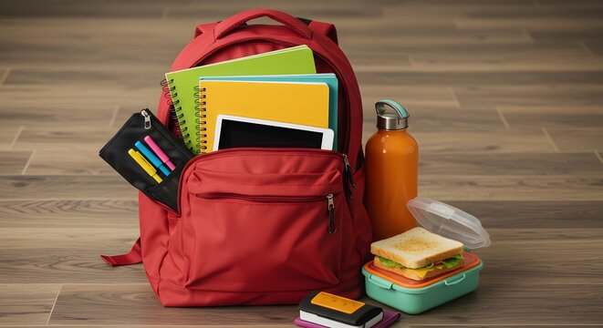 Red school bag with notebooks, bottle and lunch box