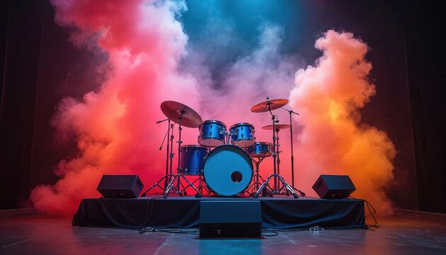 Drum set stage illuminated by colorful smoke. Music instrument kit. Drums, cymbals, mics on stage. Musical background for concerts, rock shows, jazz performances. Entertainment event.