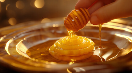 Honey being drizzled over sliced apples for Jewish New Year