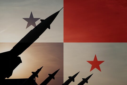 Rockets on a background of flag of Panama. Copy space on the right side