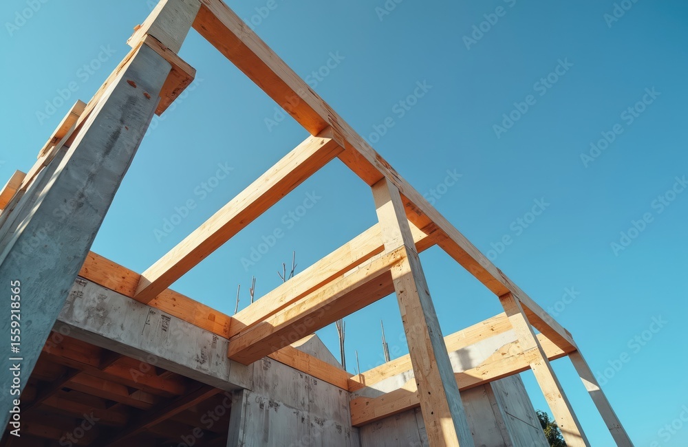 Poster architectural building construction. wooden beams concrete columns against blue sky. under construct