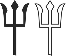 Two icons of tridents or austen, a symbol of sailors, a naval trident a symbol of military sailors and victory over the enemy, trident icons line and silhouette in black colors.