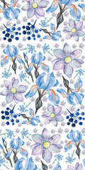 Watercolor floral pattern with delicate blue and purple flowers and berry accents