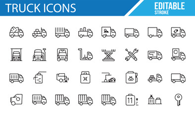 Truck and Logistics Icons Featuring Delivery, Freight, and Maintenance

