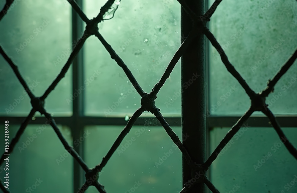 Aufkleber close-up green glass window with grid pattern. black metal grid, diamond shape texture, architecture