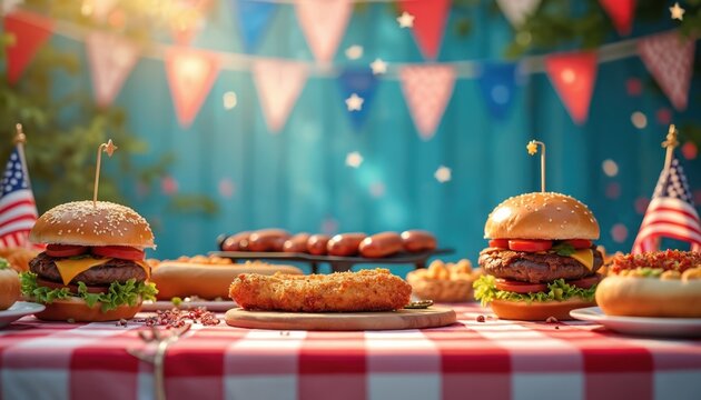 Festive Fourth of July celebration with burgers hotdogs and holiday decorations. American flag, red white blue party food. Backyard gathering, family cookout, summer picnic. Traditional holiday event. - Powered by Adobe