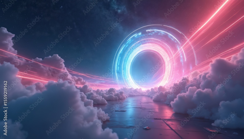 Poster illustration of futuristic portal in cloudy space. vibrant light trails lead to glowing core. abstra