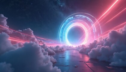 Illustration of futuristic portal in cloudy space. Vibrant light trails lead to glowing core. Abstract digital artwork with cosmic theme. Ideal for tech, sci-fi, digital art projects. Concept of