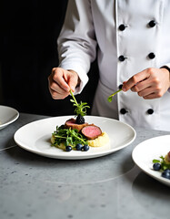 Chef meticulously garnishing a gourmet dish, showcasing culinary artistry and flavor.