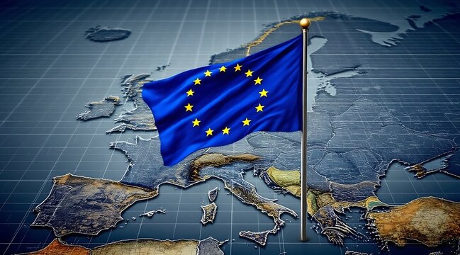 European union flag over europe map background