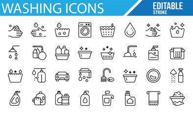 A collection of washing-related icons, featuring laundry, cleaning, and washing activities, ideal for home care, housekeeping, and cleaning service themes.
