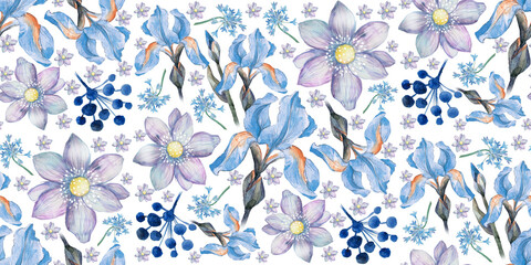 Floral Symphony: An Elegant Watercolor Pattern with Irises, Daisies, and Berries