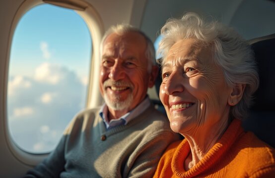 Happy senior couple smiles, enjoys flight on plane during holiday travel. Elderly man, woman together in aircraft cabin, looking through window. Air travel, vacation, retirement concept. - Powered by Adobe
