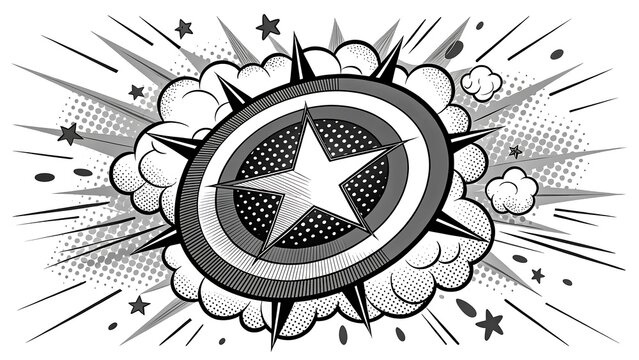 Stylized Captain America shield with motion effects in comic book style