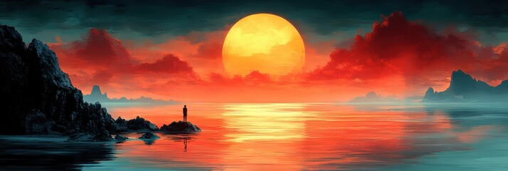 Stunning sunset over tranquil waters with silhouettes of rocks and a solitary figure