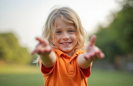 Smiling young boy with outstretched hands offers embrace, welcoming gesture. Blond long hair, blue eyes, orange shirt. Outdoor portrait, nature background. Child expresses joy, love, friendship.