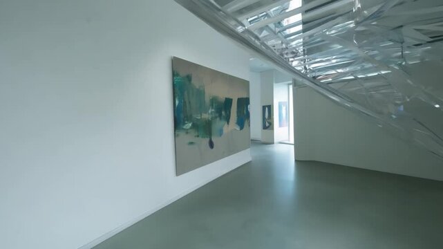 Art gallery interior with modern abstract paintings