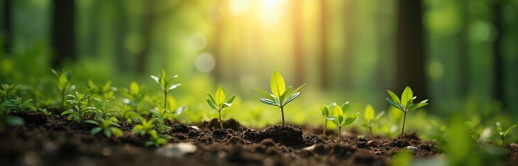 Small seedlings sprout from soil in a rich green forest. Sunlight illuminates young plants, symbolizing growth nature. Ecology, eco-friendly themes. Renewal eco concept.