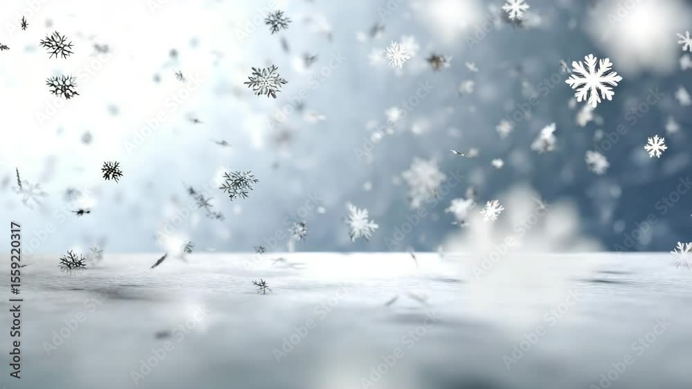Poster close-up of falling snowflakes against a blurred background, creating a wintry and festive atmospher