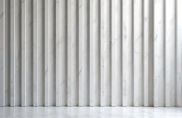 Obraz premium Modern white stone wall with vertical stripes texture, seamless background. Minimalist interior design. Elegant texture for home decor. Marble granite surface, wall covering, architecture,