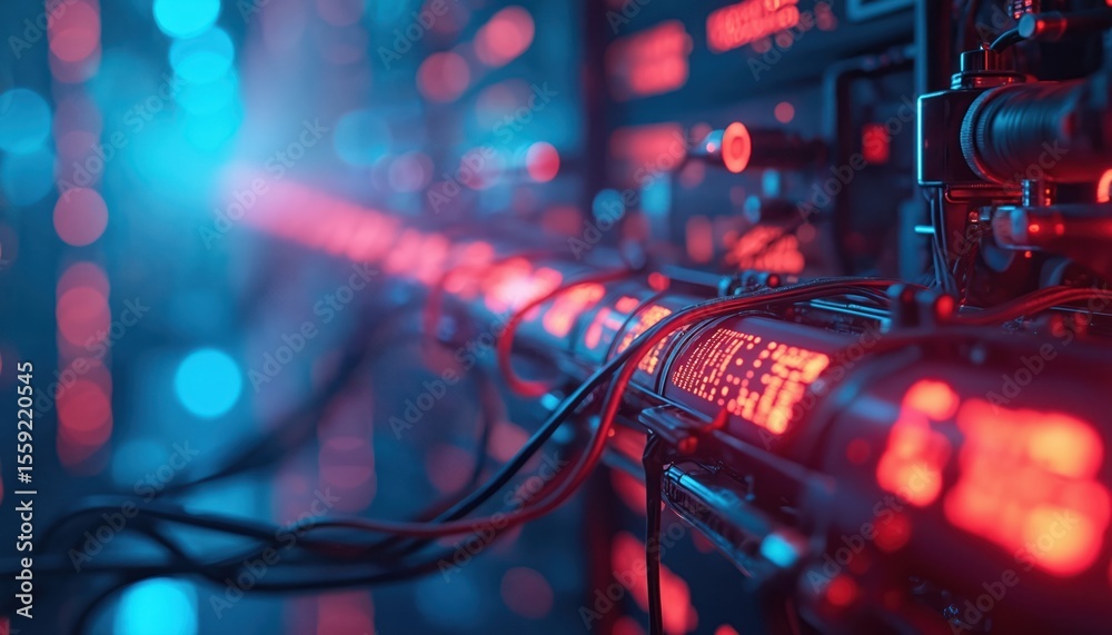 Aufkleber Futuristic tech illustration data flow through interconnected strands. Red, blue colors highlight digital communication, tech, innovation. Abstract art represents modern network, coding. Ideal for