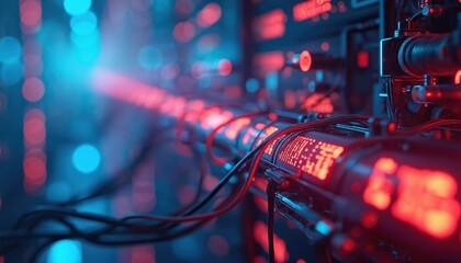 Futuristic tech illustration data flow through interconnected strands. Red, blue colors highlight digital communication, tech, innovation. Abstract art represents modern network, coding. Ideal for