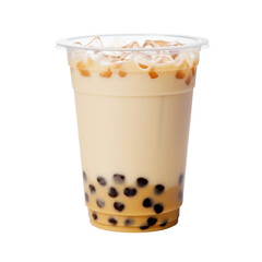 Iced bubble milk tea in plastic cup on white background