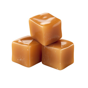 Soft caramel candy cubes stacked on white background