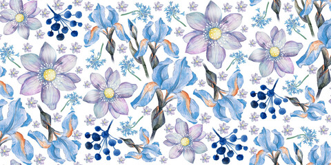 Watercolor floral pattern featuring irises, anemones and blue berries for textile design