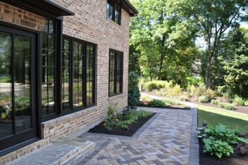 Fototapeta premium The exterior of this elegant brick home showcases a stunningly landscaped garden, complemented by a chic paved walkway that shines beautifully under the warm sunlight