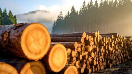 Freshly cut tree logs stacked on the forest ground, raw wood and nature footage - Powered by Adobe