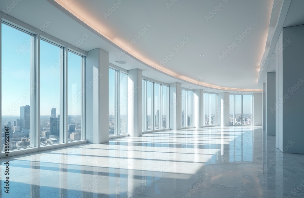 Poster bright empty room with city skyline view outside large windows. open space office interior. modern d