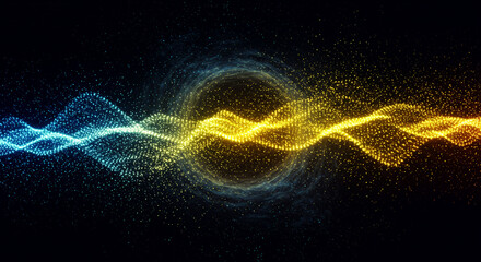 Abstract background with glowing particles forming wavy lines and a central circular shape