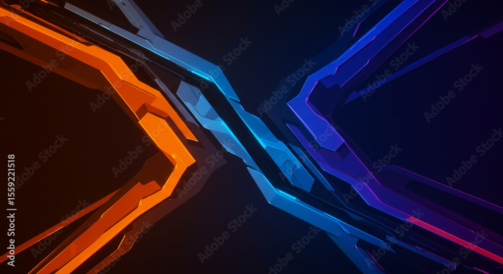 Poster Abstract geometric shapes in orange and blue converging on a dark gradient background design element