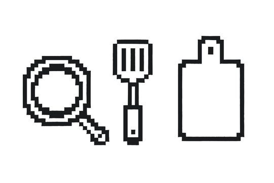 Pixel art kitchen utensils: frying pan, spatula, cutting board