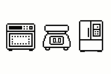 Retro pixel art kitchen appliances: microwave, scale, refrigerator
