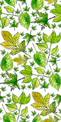 Botanical watercolor leaves pattern with green and yellow nature elements